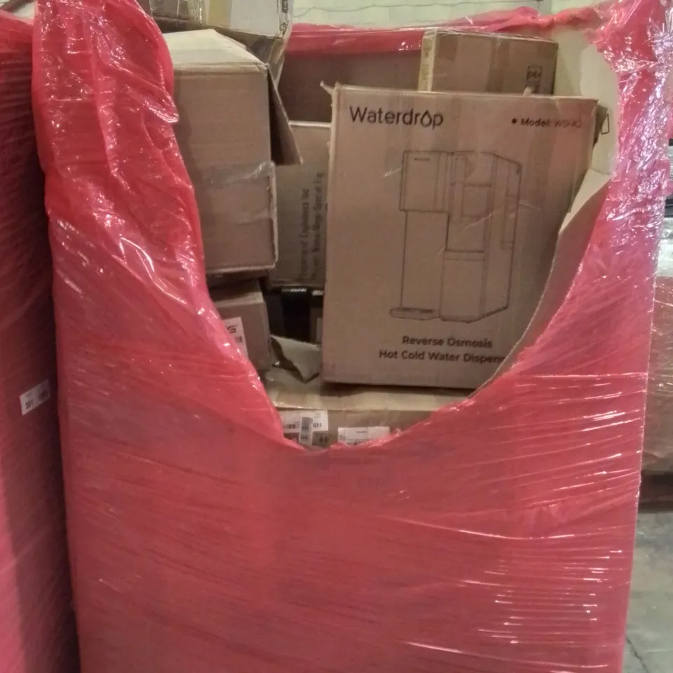 PALLET CONTAINING VARIOUS ASSORTED BOXED HOUSEHOLD ITEMS TO INCLUDE: MACERATOR PUMP, REVERSE OSMOSIS HOT/COLD WATER DISPENSER,  BOOKSHELF, EXERCISE MACHINE AND LOTS MORE UNMARKED BOXED ITEMS 