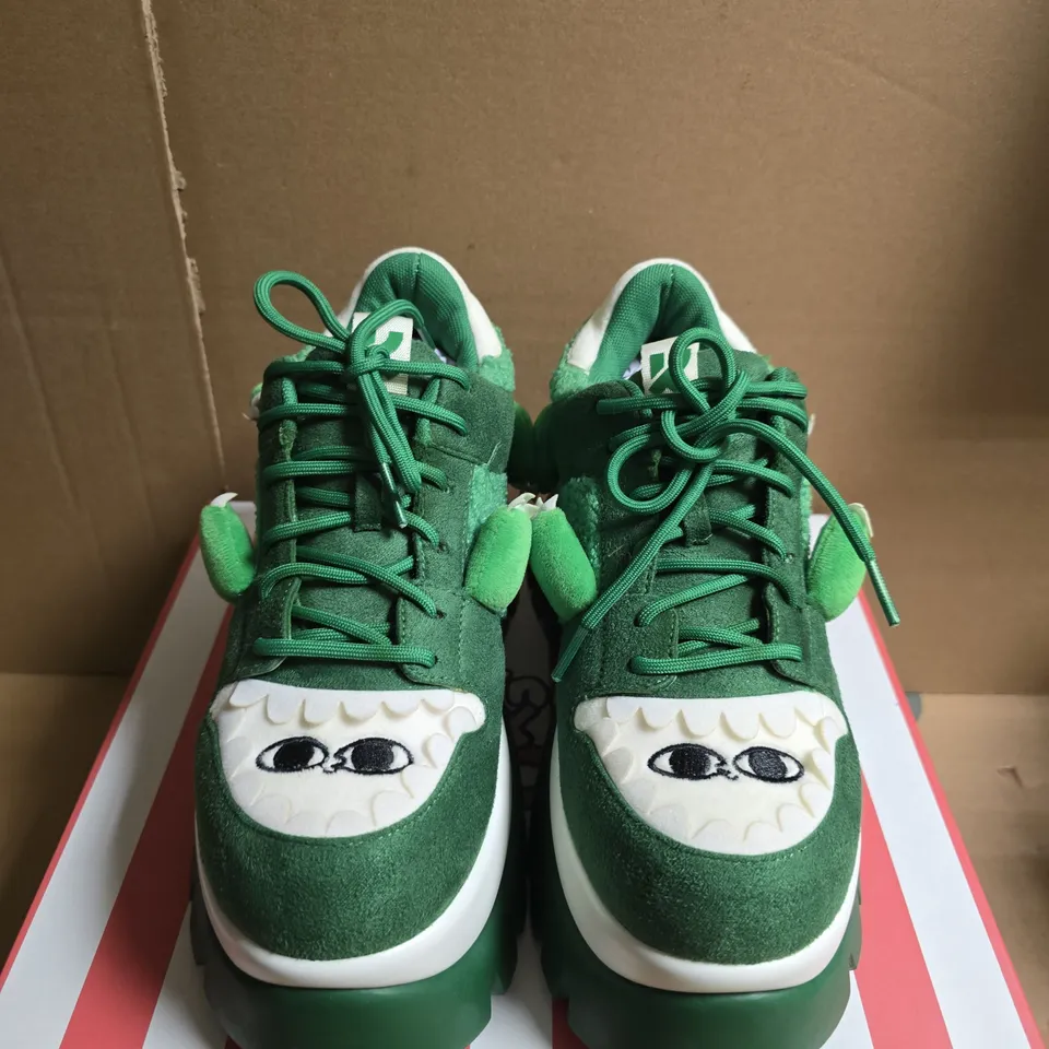 BOXED PAIR OF KOI X KETNIPZ BEANZILLA PLATFORM TRAINERS - GREEN, UK 6