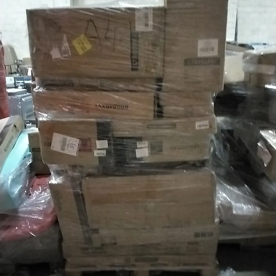 PALLET OF HOUSEHOLD ITEMS TO INCLUDE WASHBASIN CABINET, TRASH CAN, LADDER SHELF AND OTHER ASSORTED ITEMS...