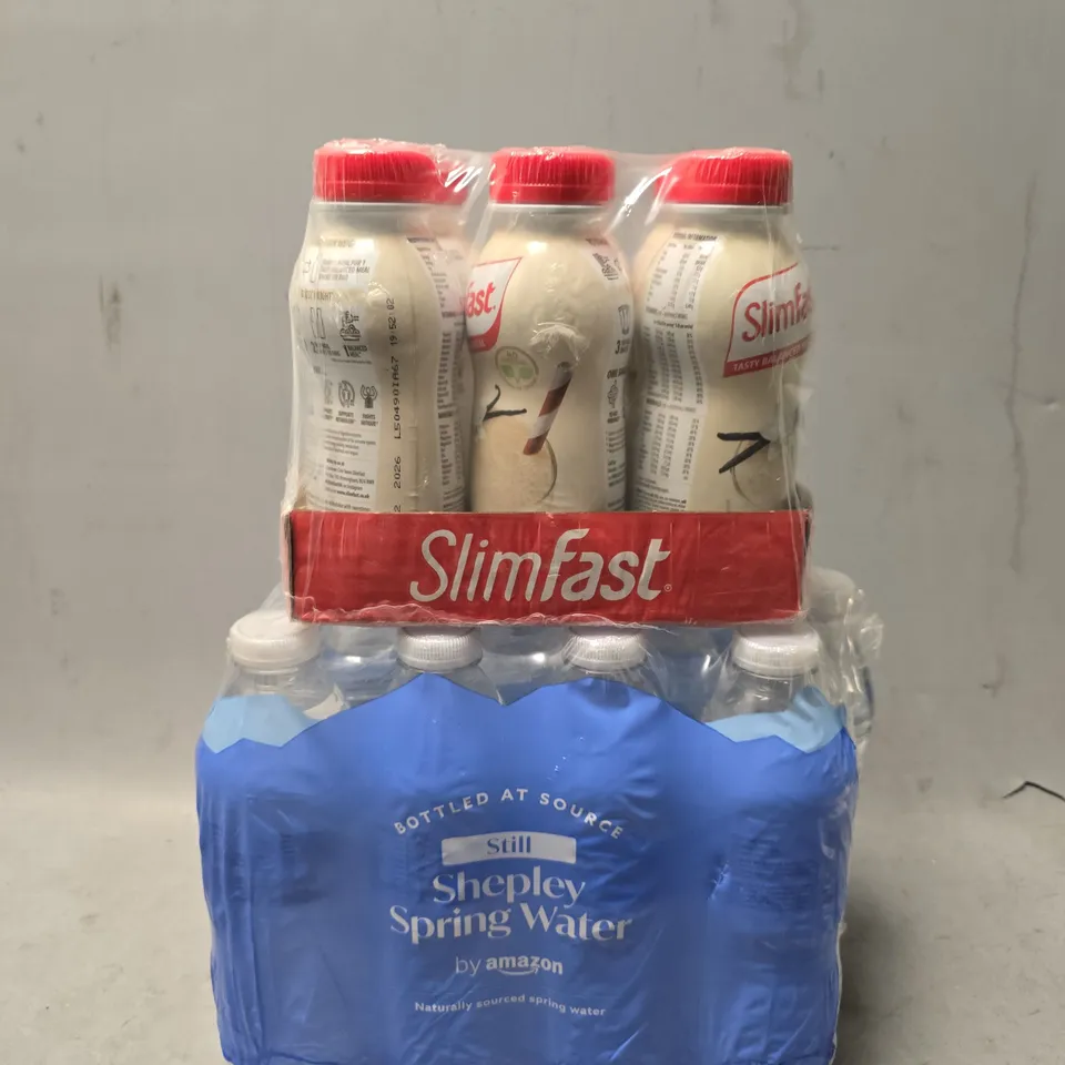 APPROXIMATELY 12 ASSORTED DRINKS ITEMS TO INCLUDE - AMAZON WATER & SLIMFAST VANILLA 