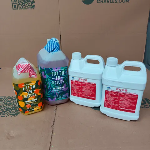 APPROXIMATELY 4 ASSORTED LARGE LIQUIDS TO INCLUDE FAITH IN NATURE SHAMPOO, STRAWBERRY CONCENTRATED SYRUP, FAITH IN NATURE BODY WASH