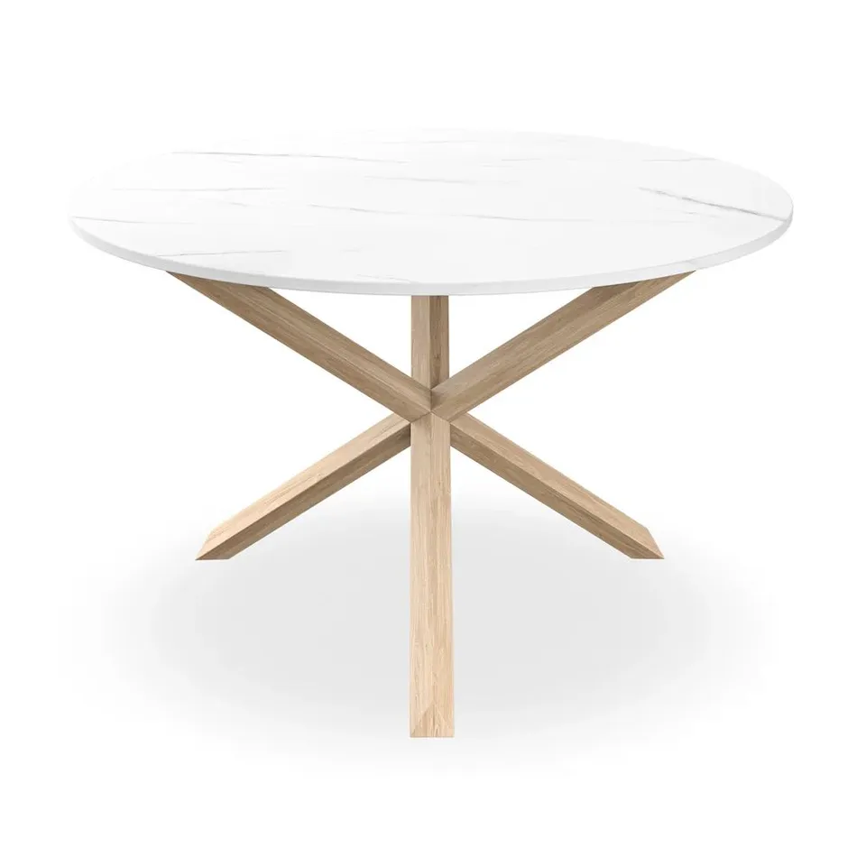 BOXED MALVERN ROUND DINING TABLE - MARBLE EFFECT TOP & OAK LEGS (2 BOXES)