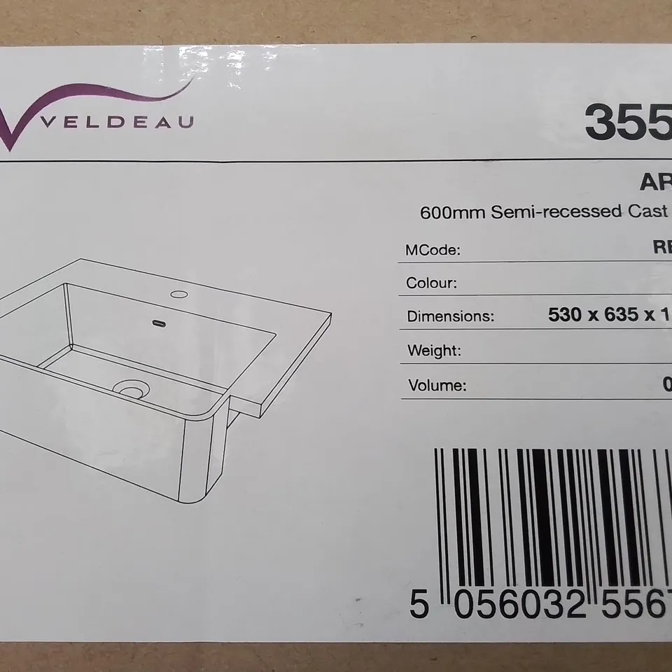 BOXED AS NEW VELDEAU ARNO 600MM SEMI RECESSED CAST BASIN IN WHITE