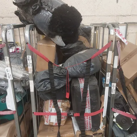 CAGE CONTAINING A LARGE QUANTITY OF ASSORTED ITEMS INCLUDING: RUG, STEAM MOP ECT - CAGE NOT INCLUDED