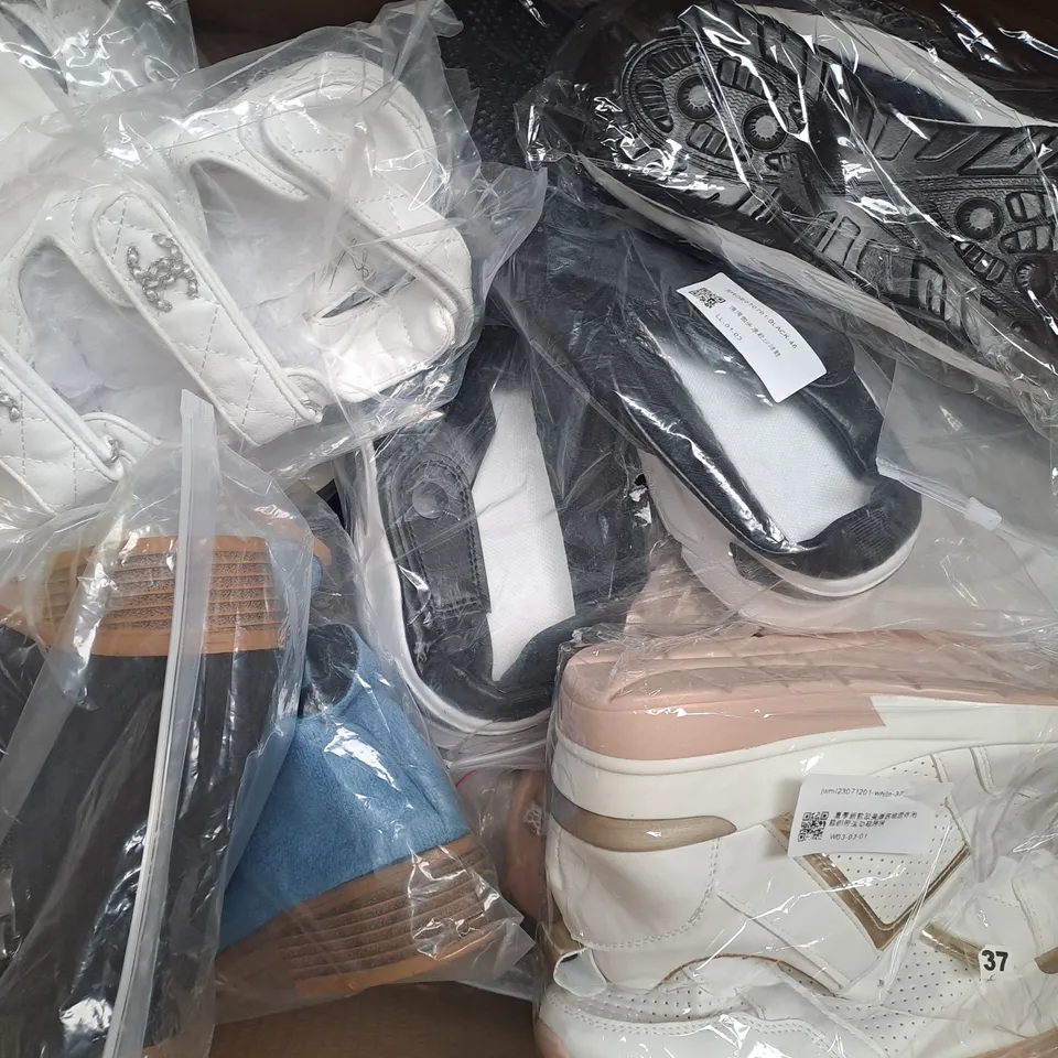 BOX OF APPROXIMATELY 15 ASSORTED PAIRS OF SHOES AND FOOTWEAR ITEMS IN VARIOUS STYLES AND SIZES TO INCLUDE SAFETY, SALOMON, ETC