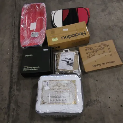 PALLET TO CONTAIN ASSORTED HOUSEHOLD ITEMS AND CONSUMER PRODUCTS. INCLUDING ELECTRICAL CONVECTOR HEATER, SNOW SLEDS, LUXURY PILLOW, PORTABLE WARDROBE, BED RUNNER, BOXED FURNITURE ETC