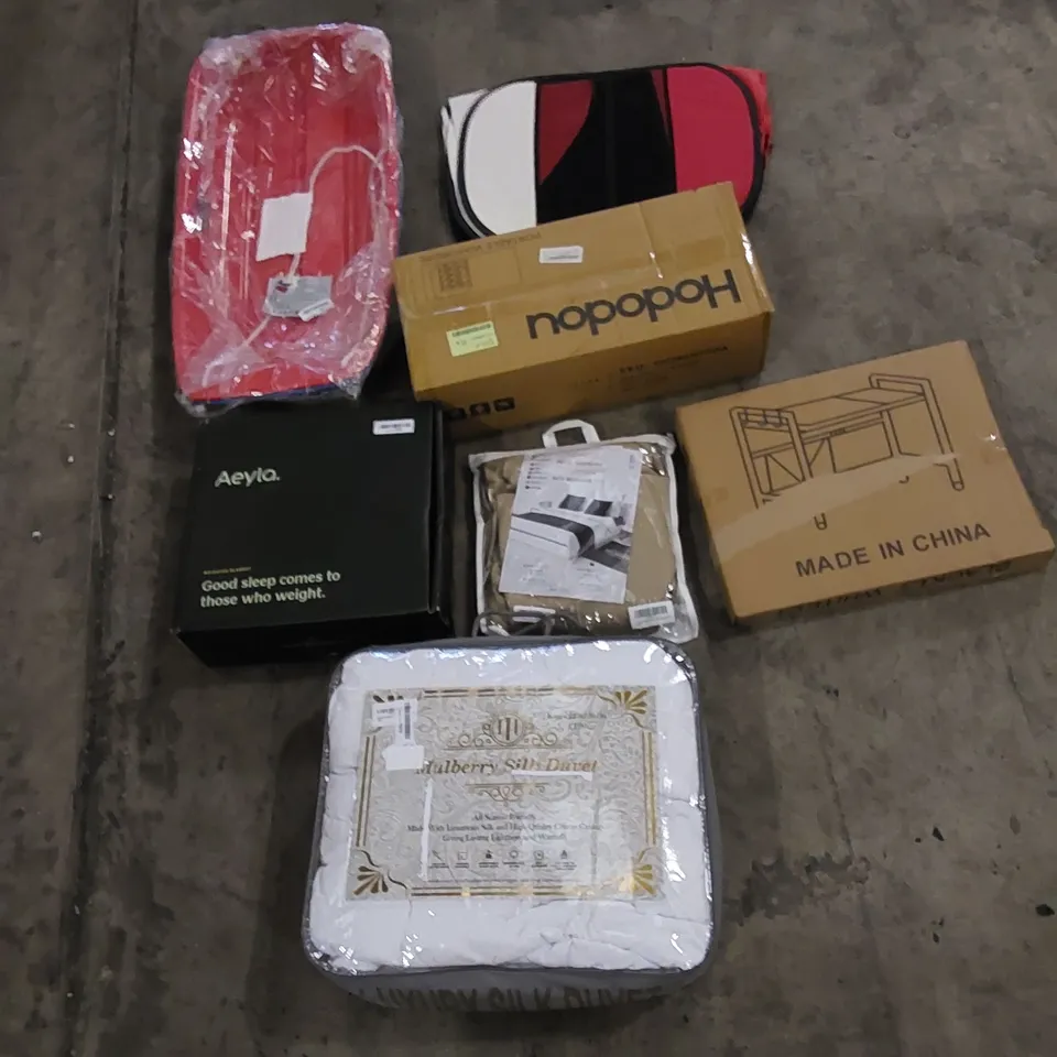 PALLET TO CONTAIN ASSORTED HOUSEHOLD ITEMS AND CONSUMER PRODUCTS. INCLUDING ELECTRICAL CONVECTOR HEATER, SNOW SLEDS, LUXURY PILLOW, PORTABLE WARDROBE, BED RUNNER, BOXED FURNITURE ETC