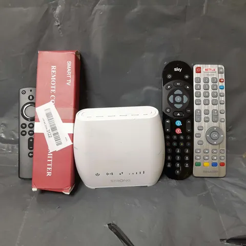 BOX OF APPROXIMATELY 10 ASSORTED ITEMS TO INCLUDE - SKY REMOTE , AQUOS REMOTE , STRONG 4G ROUTER ETC