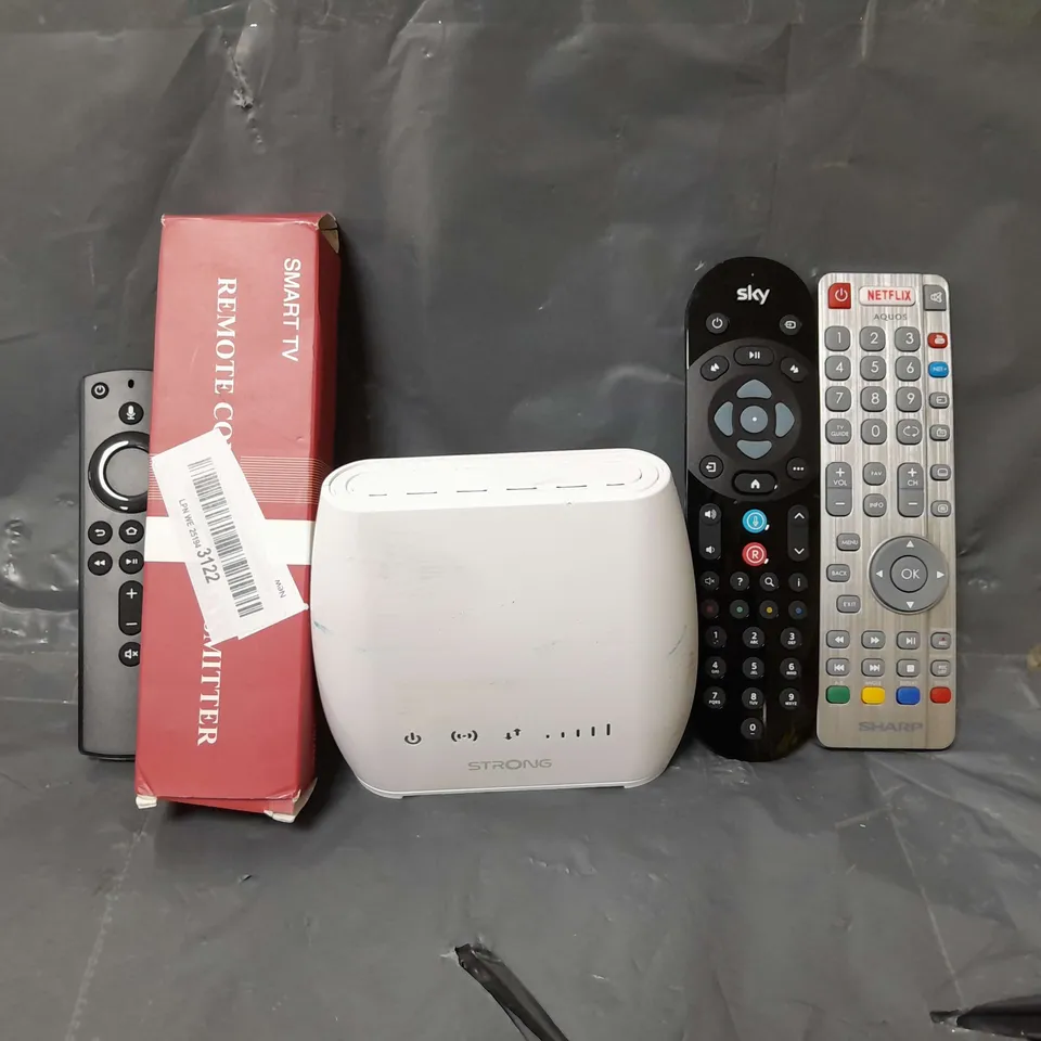BOX OF APPROXIMATELY 10 ASSORTED ITEMS TO INCLUDE - SKY REMOTE , AQUOS REMOTE , STRONG 4G ROUTER ETC