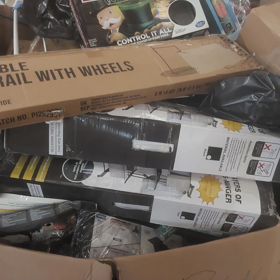 PALLET CONTAINING A VERY LARGE QUANTITY OF ASSORTED CONSUMER PRODUCTS INCLUDING: MONOPOLY GAME, PORTABLE CLOTHES RAIL, CLOTHES HANGERS, JUICING CUP ECT