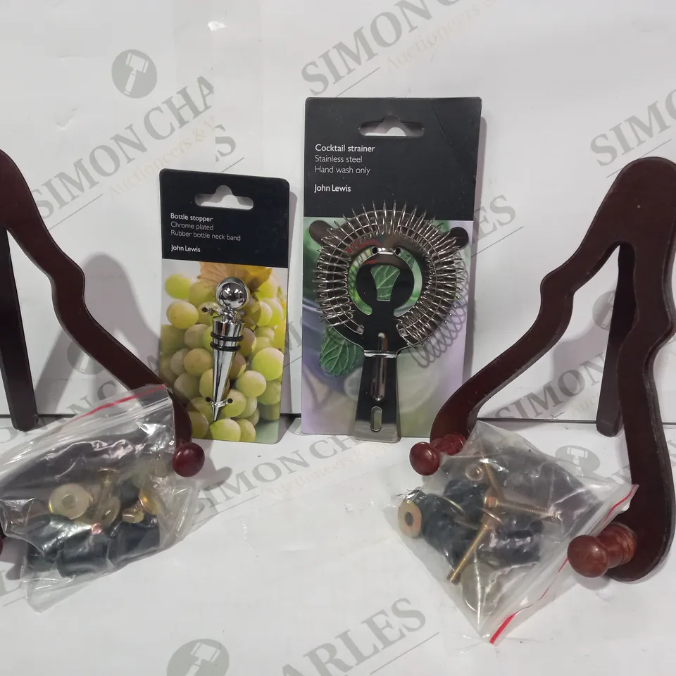 LOT OF APPROXIMATELY 10 ASSORTED HOUSEHOLD ITEMS TO INCLUDE JOHN LEWIS BOTTLE STOPPER, JOHN LEWIS COCKTAIL STRAINER, ETC