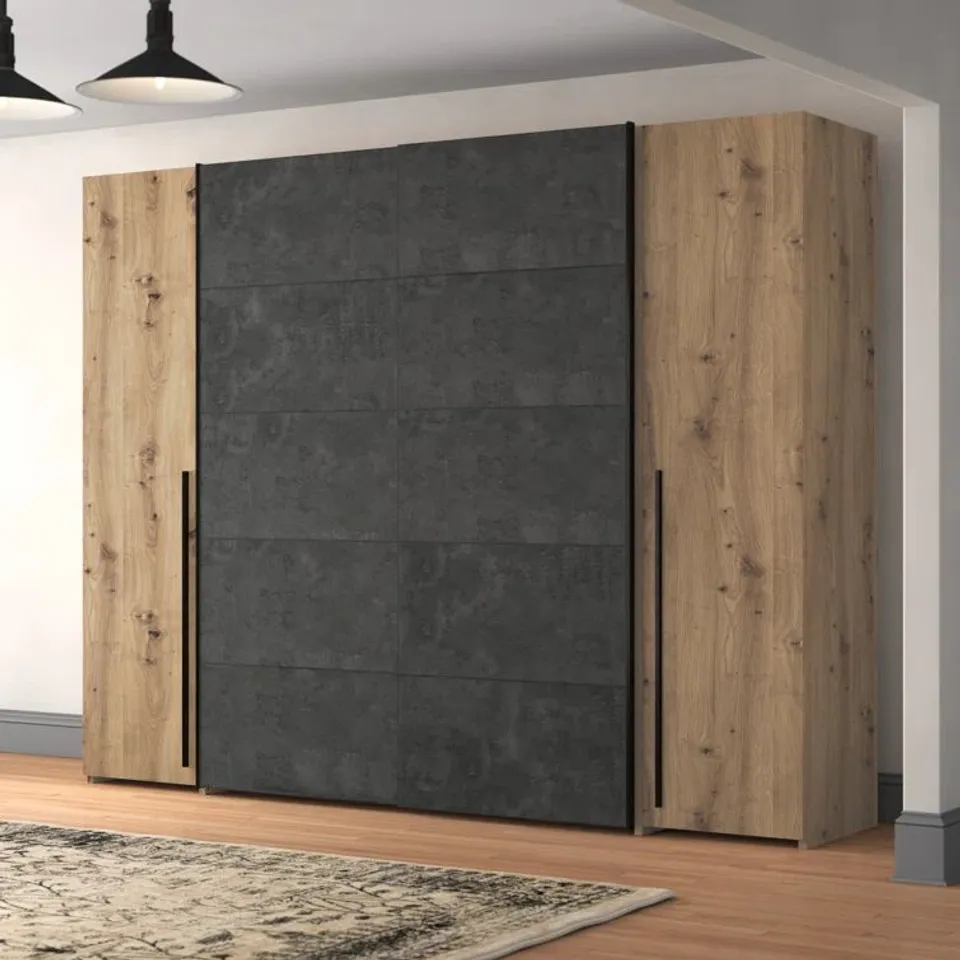 BOXED DEBARR 4 DOOR SLIDING WARDROBE - ARTISAN OAK/CONCRETE LOOK DARK GREY (4 BOXES)