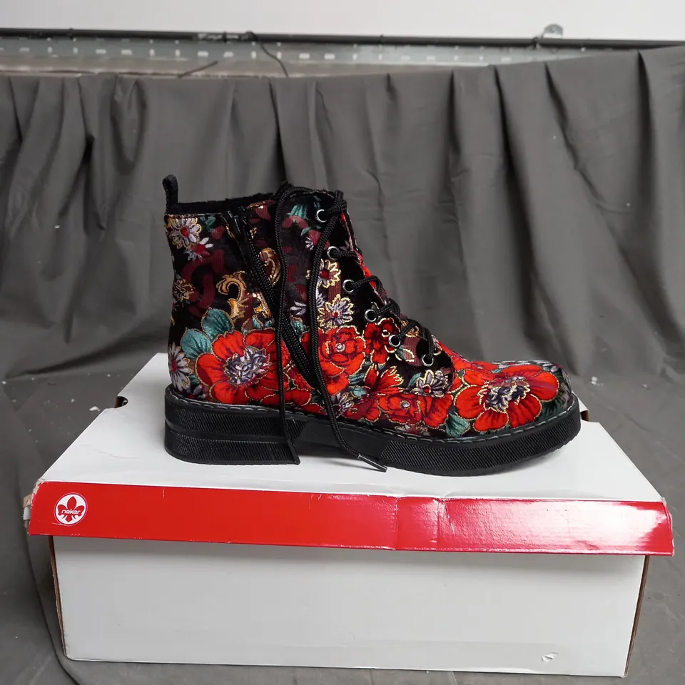 BOXED PAIR OF RIEKER LACE UP BOOTS MULTI/FLORAL PATTERN - SIZE 6 