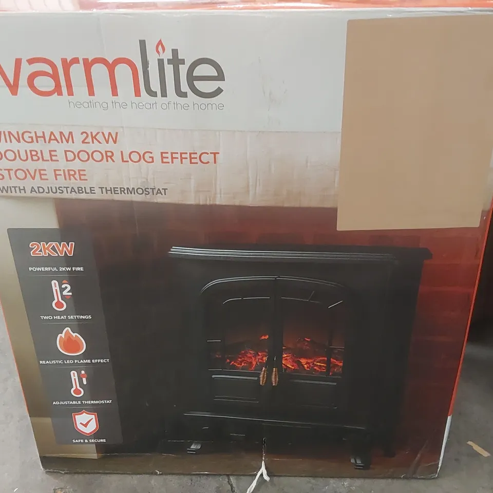 BOXED WARMLITE WINGHAM 2KW DOUBLE DOOR LOG EFFECT ELECTRIC STOVE FIRE