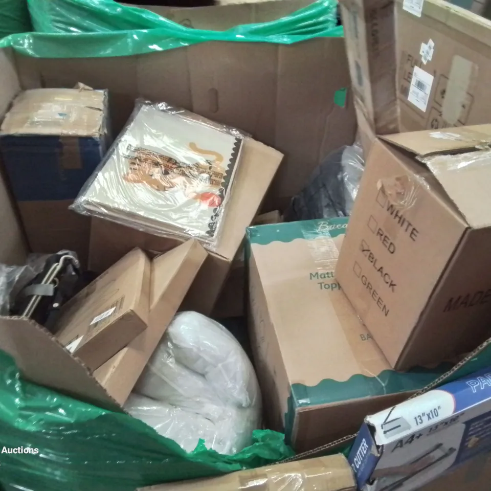 PALLET CONTAINING VARIOUS BOXED HOUSEHOLD ITEMS TO INCLUDE: HEATED BLANKET,  WASTE BIN, TOILET SEATS, BABY HIGH CHAIR,  MATTRESS TOPPER AND LOTS MORE UNMARKED BOXED ITEMS.