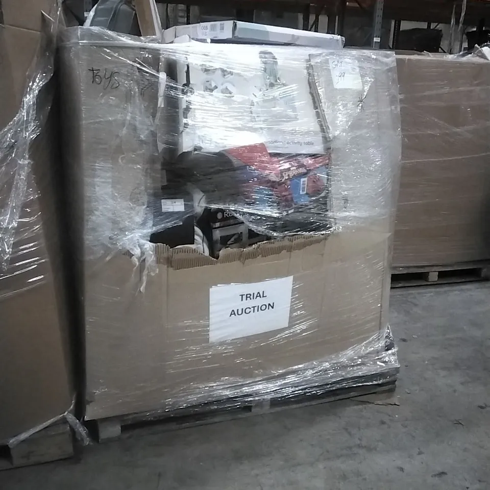 PALLET TO CONTAIN CHILDREN'S TOY'S AND HOUSEHOLD ITEMS; AIR LIGHT LUXE TRAVEL COT, POWERPLAY TABLE TOP AIR HOCKEY, HOT WHEELS