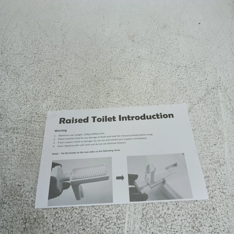 RAISED TOILET SEAT RISER – WHITE PLASTIC WITH INSTRUCTION SHEET