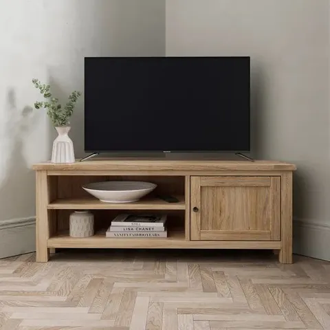 BOXED OLNEY CORNER TV UNIT FOR TVS UP TO 55" - OAK (1 BOX)