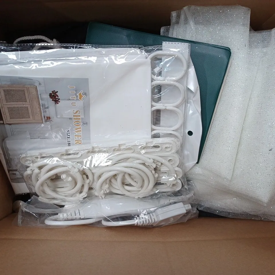 BOX OF APPROX 16 ITEMS TO INCLUDE - BDEYE UK CASE - JITU SHOWER CURTAIN IN WHITE - IRUNTEK PORTABLE SEWING MACHINE ECT 