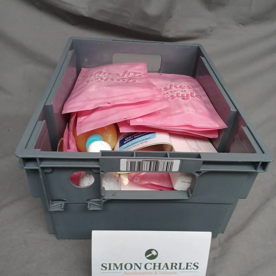 TOTE OF ASSORTED COSMETIC ITEMS TOO INCLUDE , TOOTH CLEANERS , BODY POWDER , ETC 
