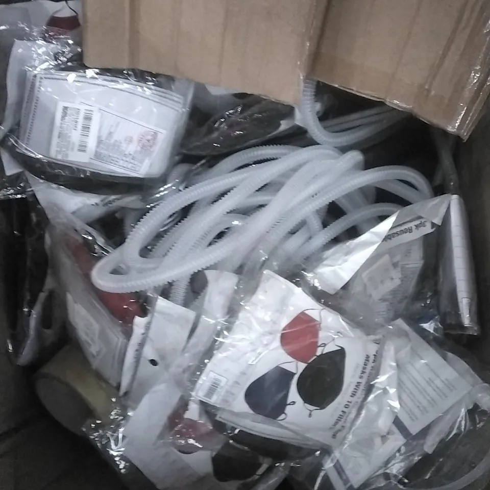 BOX OF ASSORTED ITEMS TO INCLUDE FACEMASKS - COAT HANGER- PIPES 