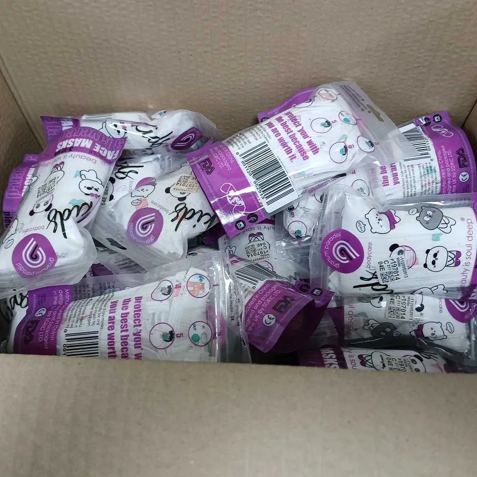 BOX OF APPROXIMATELY 20 PACKS OF KIDS MEDICAL 3 LAYERED FACE MASKS - WHITE ANIMALS - 10 MASKS PER PACK