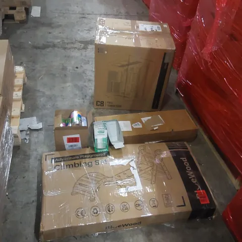 PALLET OF ASSORTED ITEMS TO INCLUDE: CLIMBING SET, PC CASE, CLOTHES AIRER, NATURAL SODA CANS, TOOTH PICKS ECT