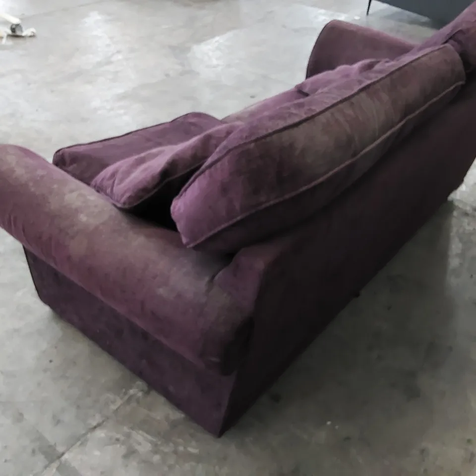 DESIGNER 2 SEATER SOFA UPHOLSTERED IN PURPLE FABRIC WITH CUSHIONS