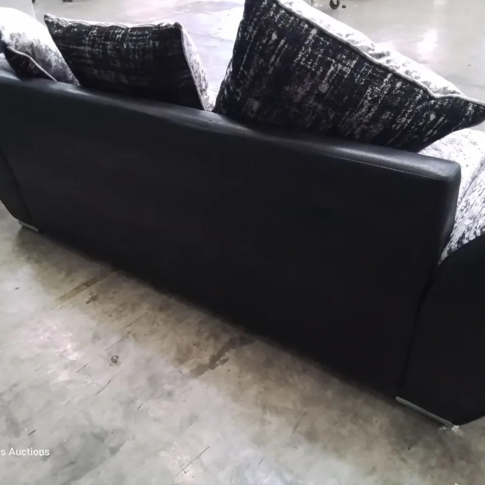 DESIGNER THREE SEATER SOFA WITH SCATTER CUSHIONS BLACK FAUX LEATHER & CRUSHED SILVER VELVET