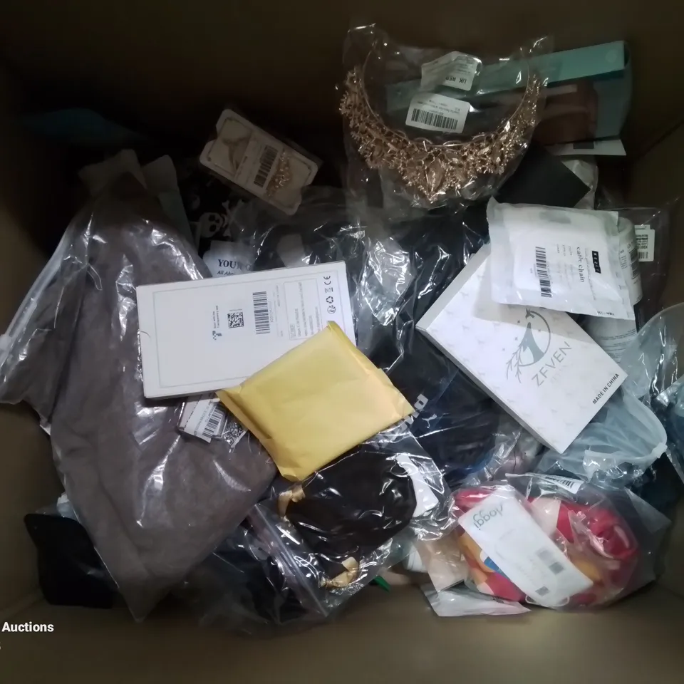 BOX CONTAINING LARGE AMOUNT OF MIXED FASHION ITEMS, SILVER PLATE AND COSTUME JEWELLERY, CLOTHING ITEMS ETC.