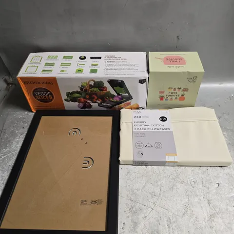 APPROXIMATELY 15 ASSORTED HOUSEHOLD PRODUCTS TO INCLUDE PILLOW CASES, PICTURE FRAME, VEGGIE SLICER ETC