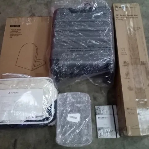 PALLET OF ASSORTED ITEMS INCLUDING 36" SMART TOWER FAN, SUITCASE, TOILET SEAT, ELECTRONIC HEATING BLANKET, NOTE BOOK, EGG CONTAINER