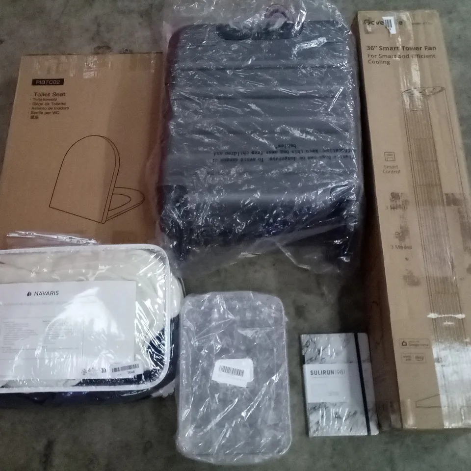 PALLET OF ASSORTED ITEMS INCLUDING 36" SMART TOWER FAN, SUITCASE, TOILET SEAT, ELECTRONIC HEATING BLANKET, NOTE BOOK, EGG CONTAINER