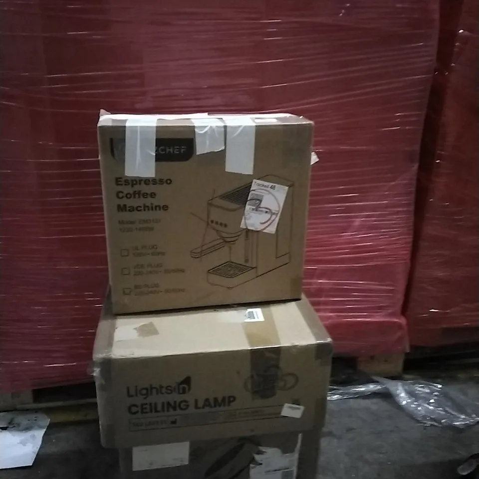 PALLET OF ASSORTED PRODUCTS AND HOUSEHOLD GOODS TO INCLUDE;COFFEE MACHINE,CEILING LAMP,STEAM CLEANER