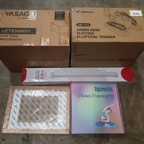 PALLET CONTAINING ASSORTED PRODUCTS INCLUDING END TABLE, UNDER DESK ELECTRIC ELLIPTICAL TRAINER, RETRACTABLE SAFETY GATE, PICTURE FRAME & PILATES TRAINING KIT