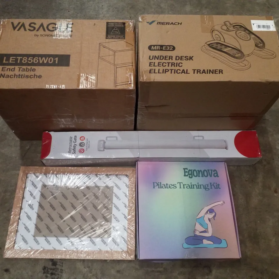 PALLET CONTAINING ASSORTED PRODUCTS INCLUDING END TABLE, UNDER DESK ELECTRIC ELLIPTICAL TRAINER, RETRACTABLE SAFETY GATE, PICTURE FRAME & PILATES TRAINING KIT