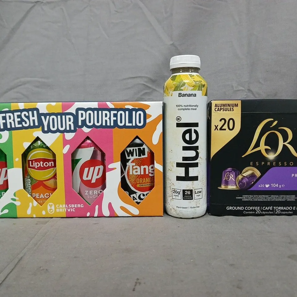 APPROXIMATELY 8 ASSORTED FOOD AND DRINK ITEMS TO INCLUDE HUEL, L'OR ESPRESSO, ETC