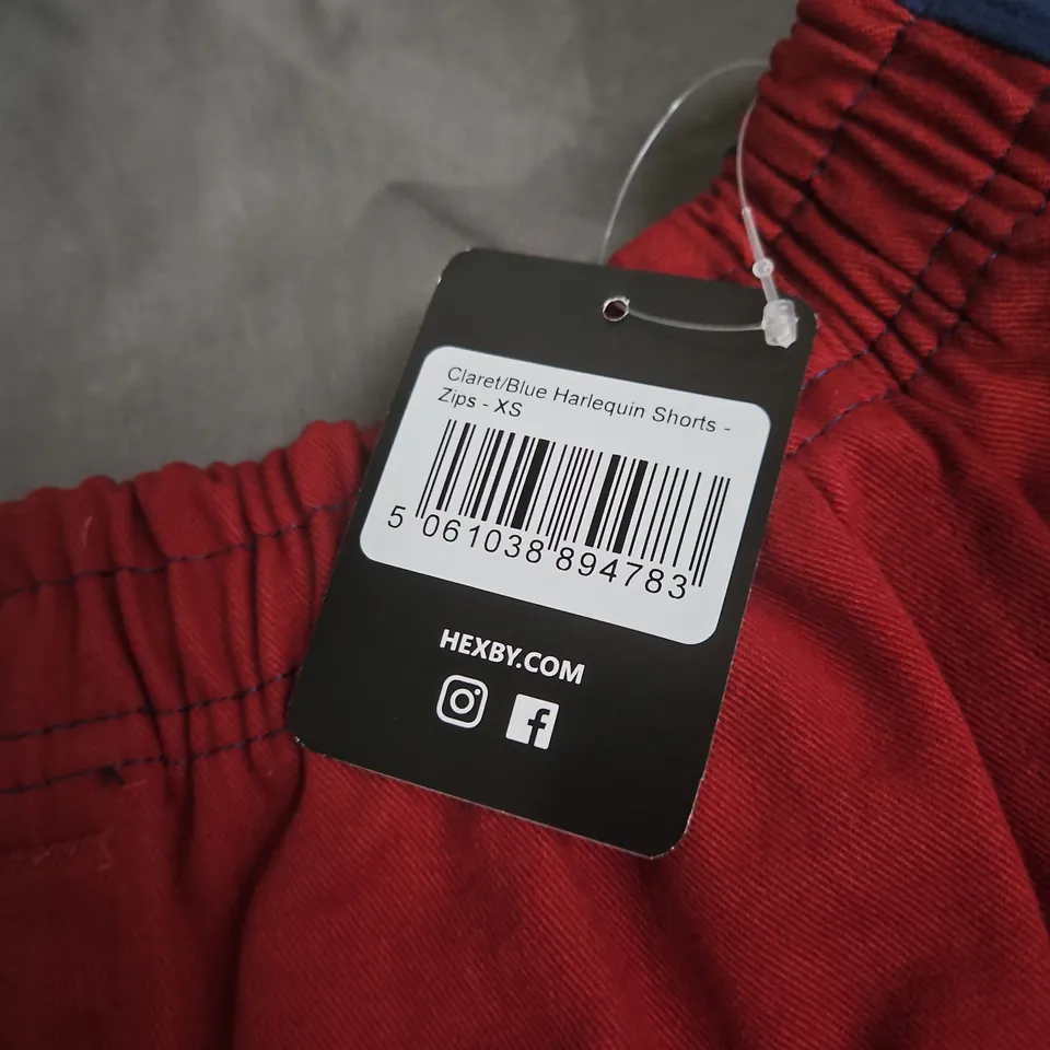 HEXBY CLARET/BLUE HARLEQUIN SHORTS – XS