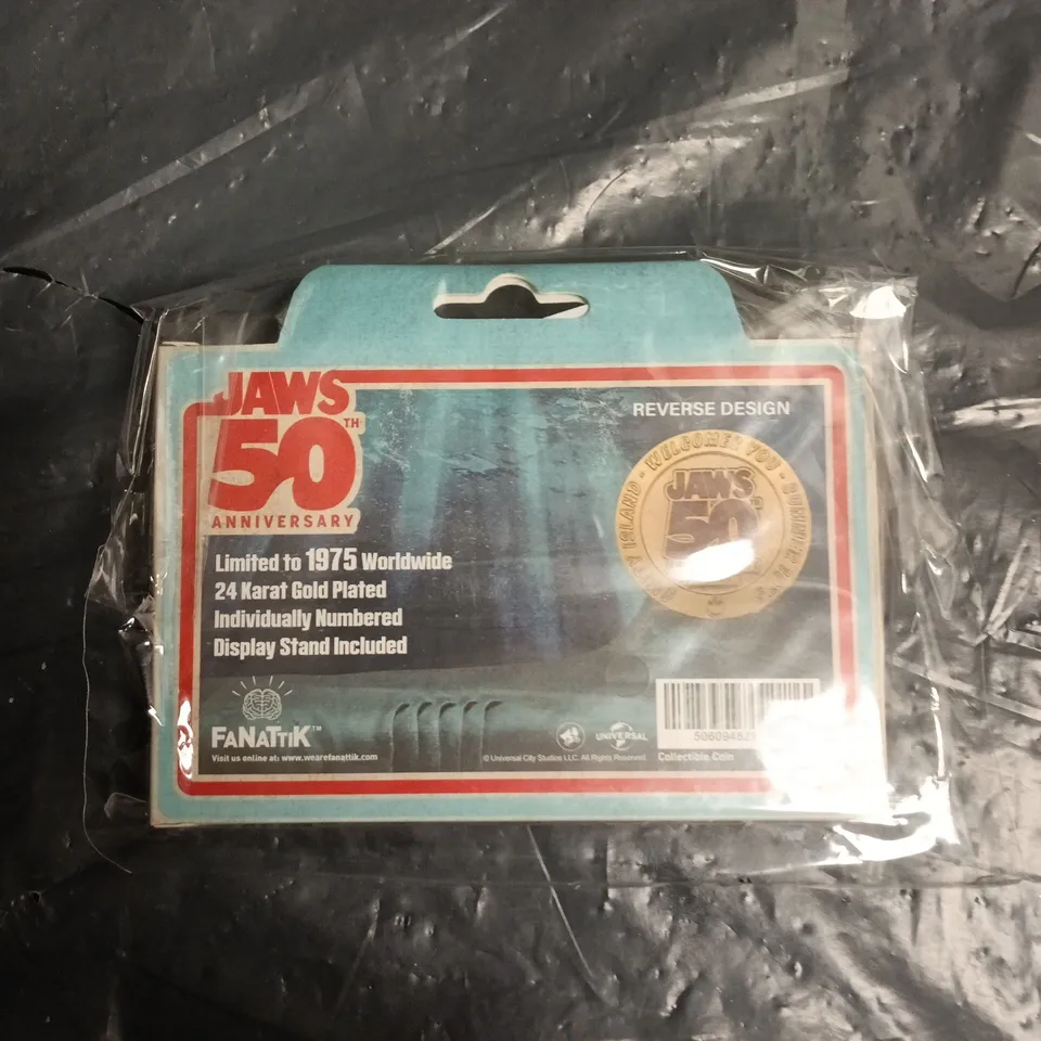 JAWS 50TH ANNIVERSARY GOLD PLATED ANNIVERSARY COLLECTABLE COIN