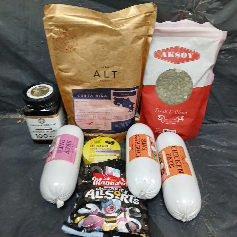 APPROXIMATELY 5 ASSORTED FOOD &DRINK ITEMS TO INCLUDE - SWEETS, GLUTEN FREE ROSEMARY AND CHICKEN PATE   - COLLECTION ONLY 