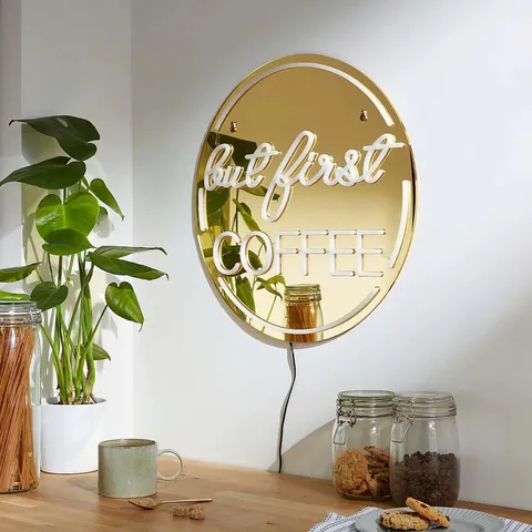 BOXED 'BUT FIRST COFFEE' INDOOR OUTDOOR MIRRORED NEON SIGN