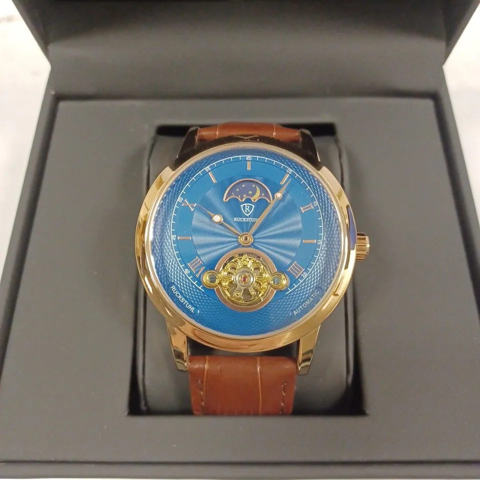 RUCKSTUHL CHRONOGRAPH BLUE FACE PART SKELETON BROWN LEATHER STRAP WRISTWATCH 