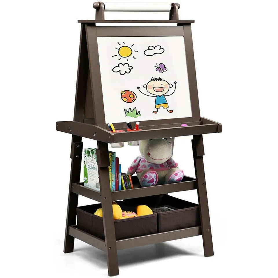 BOXED COSTWAY BROWN DOUBLE SIDED CHILDREN ART EASEL WITH PAPER ROLL