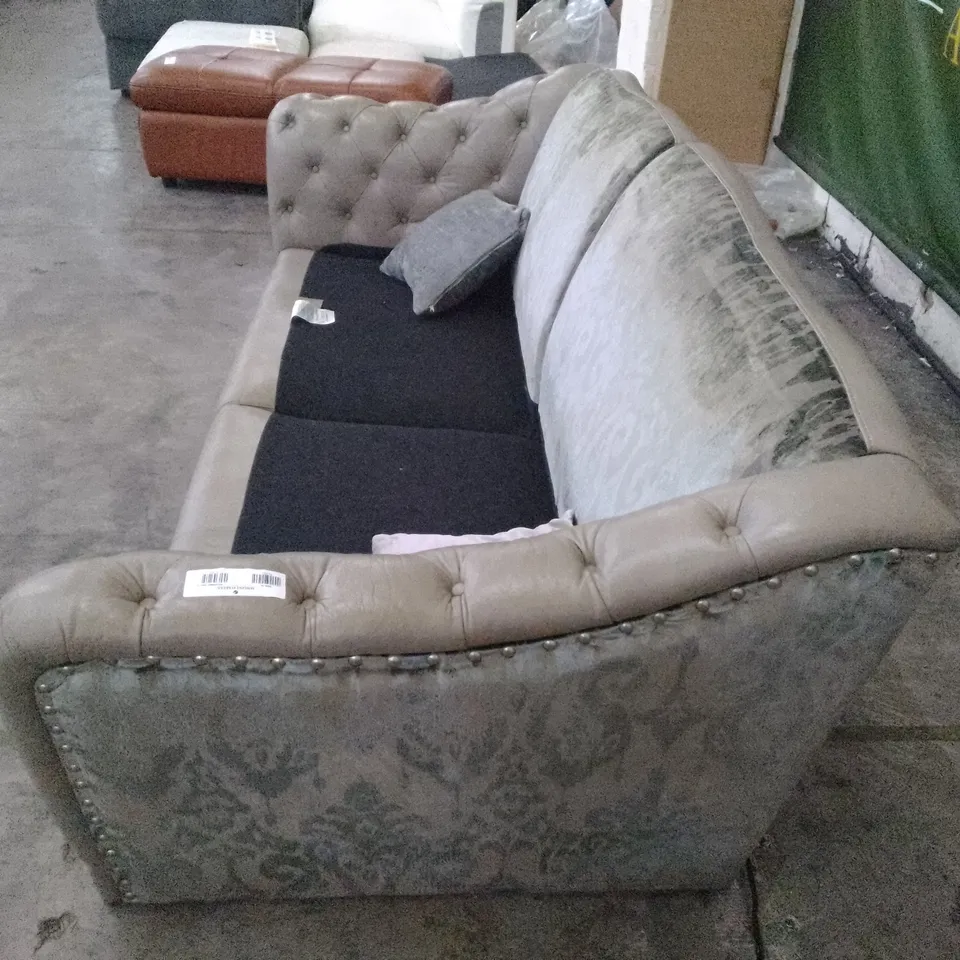 QUALITY DESIGNER 2PCS 3 SEATER SOFA - GREY LEATHER/ GREY PATTERN FABRIC 