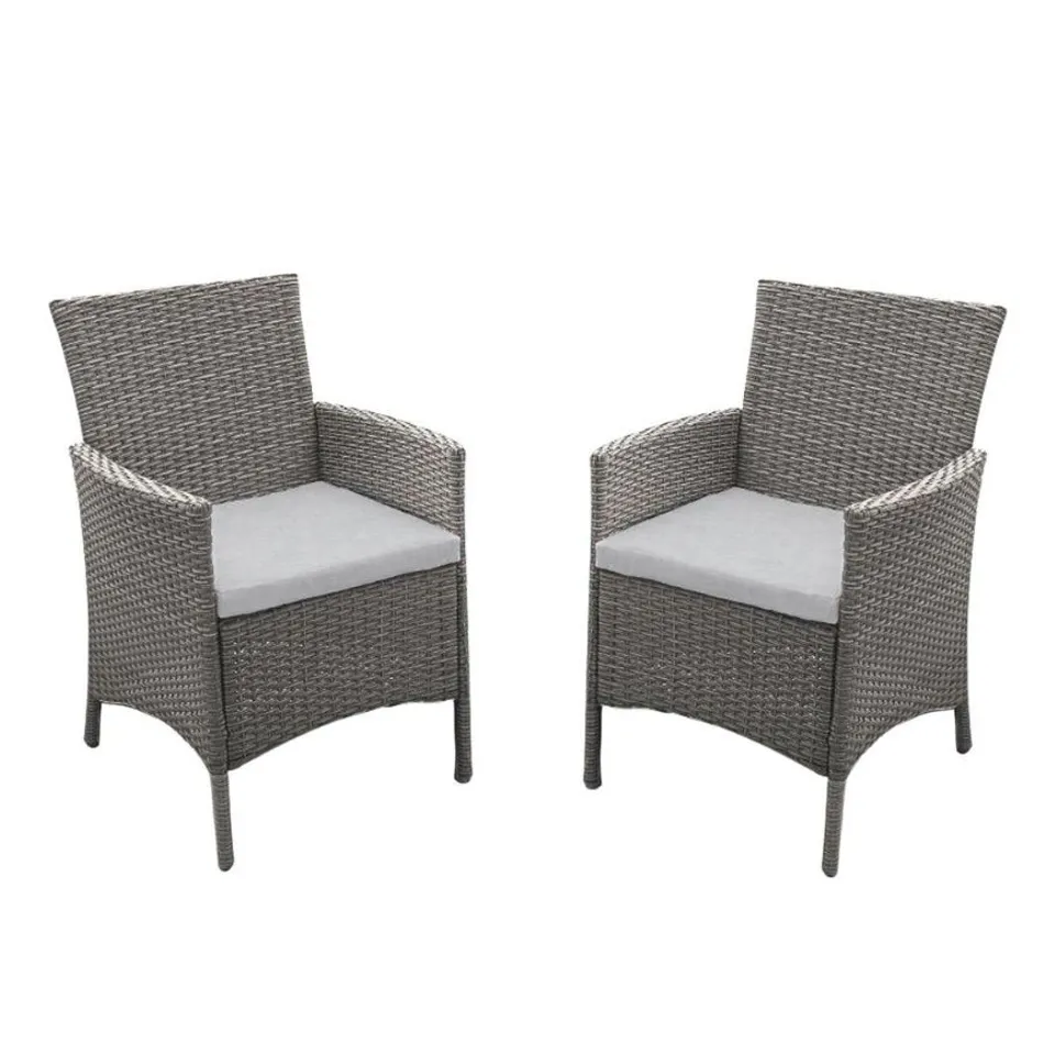 BOXED SET OF 2, LAURA JAMES KEMBLE MARSTON OUTDOOR DINING CHAIRS, GREY RATTAN WITH ASH GREY CUSHION (1 BOX)