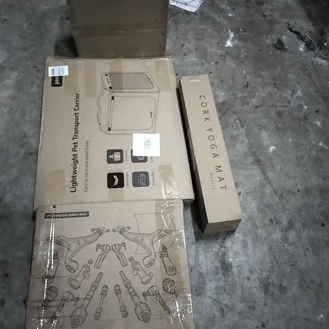 PALLET OF HOUSEHOLD ITEMS TO INCLUDE AMZCHEF SLOW JUICER, PET TRANSPORT CARRIER, CORK YOGA MAT, CHASSIS PARTS CONTROL ARM KITS AND OTHER ASSORTED ITEMS...
