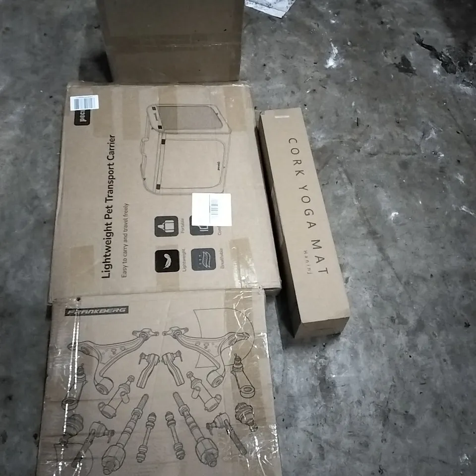 PALLET OF HOUSEHOLD ITEMS TO INCLUDE AMZCHEF SLOW JUICER, PET TRANSPORT CARRIER, CORK YOGA MAT, CHASSIS PARTS CONTROL ARM KITS AND OTHER ASSORTED ITEMS...