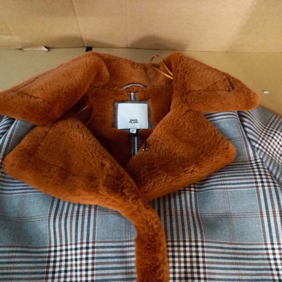 RIVER ISLAND FAUX FUR TRIMMED CHECK JACKET - 12