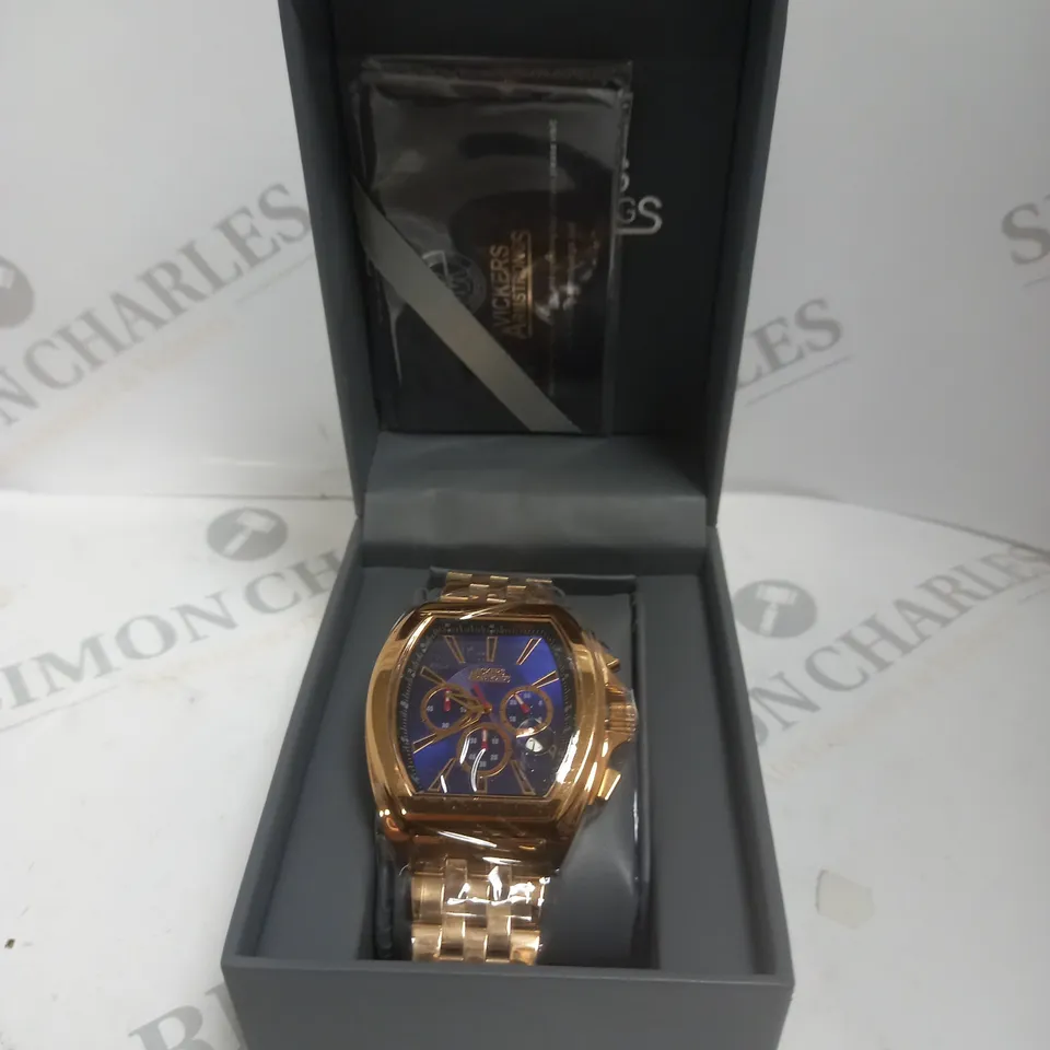 BOXED VICKERS ARMSTRONGS ATMOSPHERE ROSE GOLD STRAP BLUE DIAL WATCH 