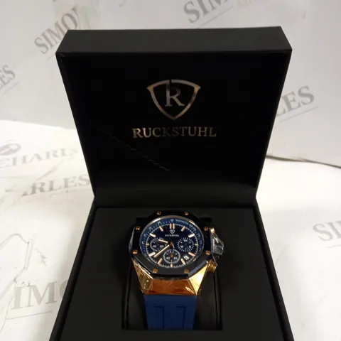 MENβS RUCKSTUHL CHRONOGRAPH R500 WATCH β GOLD COLOUR CASE β BLUE DIAL β 3ATM WATER RESISTANT - RUBBER STRAP